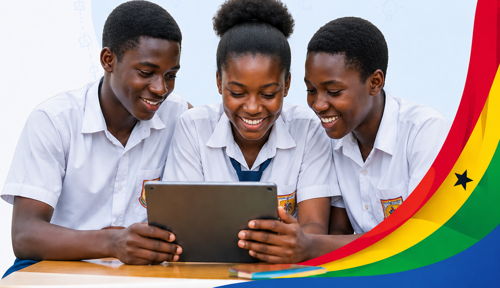 Three Ghanaian high school students learning together on a laptop